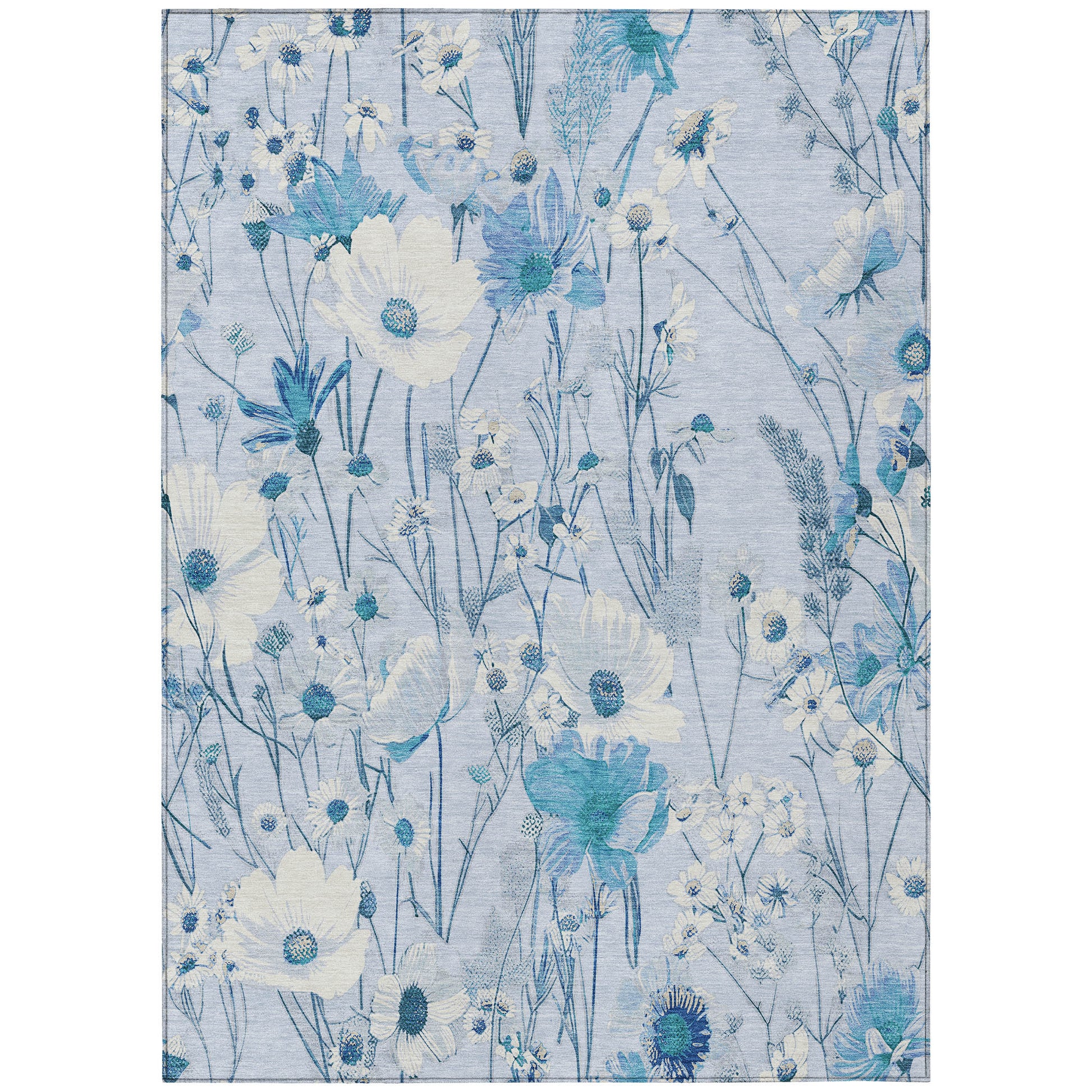 5' X 8' Sky Blue And Denim Blue Floral Washable Indoor Outdoor Area Rug
